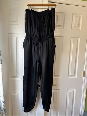 cinq a sept Black Strapless Cargo Jumpsuit with Drawstring Waist